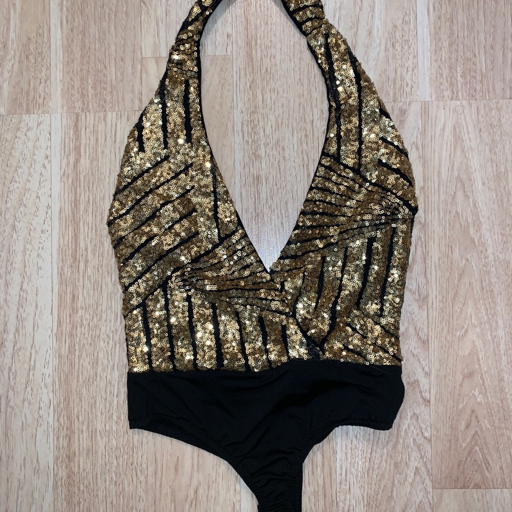 Boutique Sequin Bodysuit Black & Gold XS
